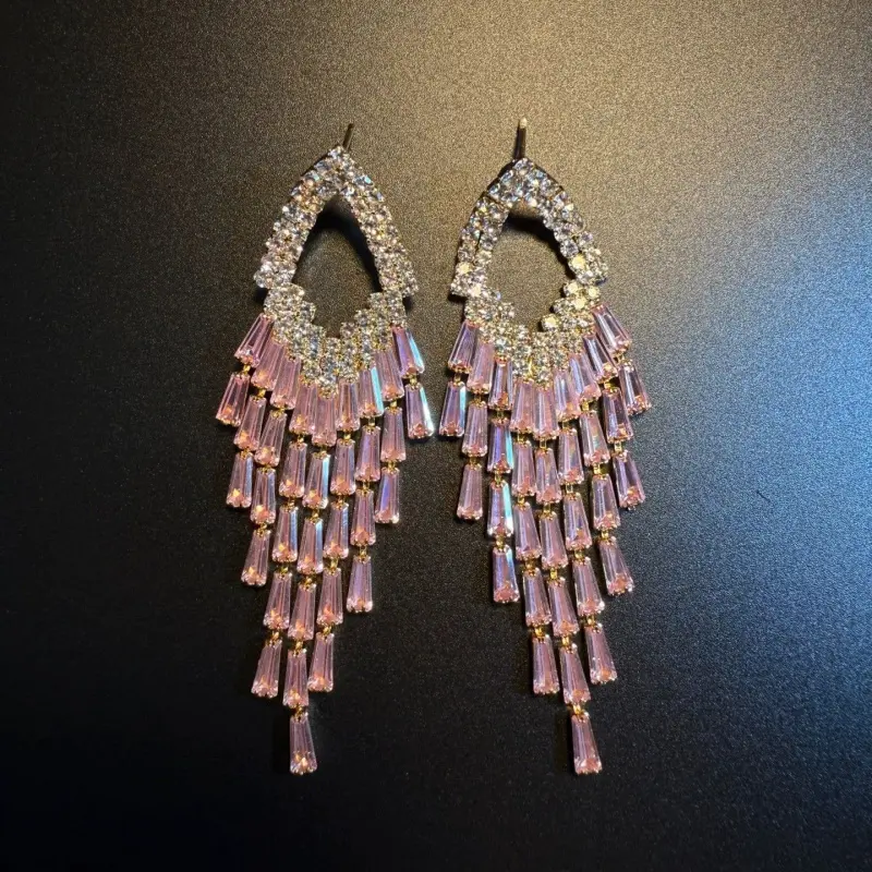 Earrings, Pink Baguette Rhinestone Tassel Long Drop Earrings, Sparkly Heavy Craft Fringe Statement Earrings, Elegant Light Luxury Accessories for Women Party & Gathering