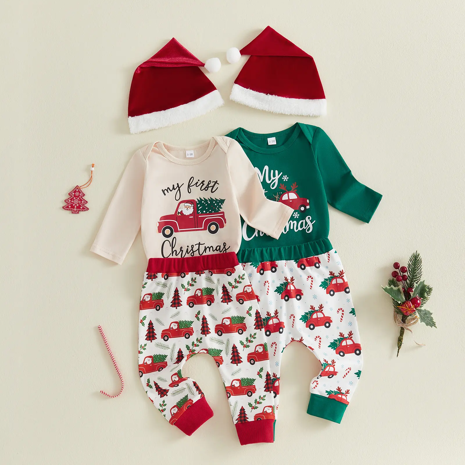 Newborn Baby Boy My First Christmas Outfit Truck Long Sleeve Romper Pants Hat Set Fall Winter 0-12 Months