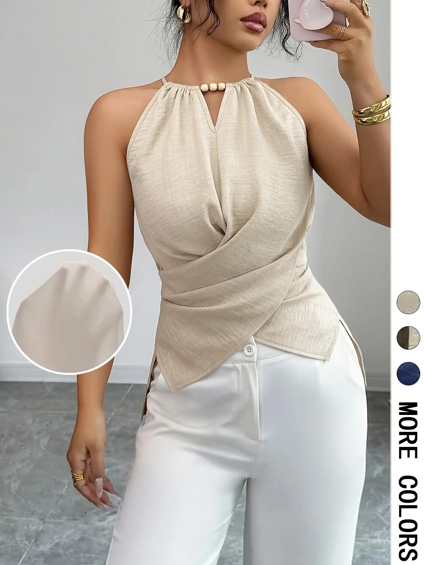 Halter Neck Sleeveless Beaded Keyhole Blouse, Crisscross Wrap Waist and Side Slit, Draped Front Ruched Design for Casual and Office Wear