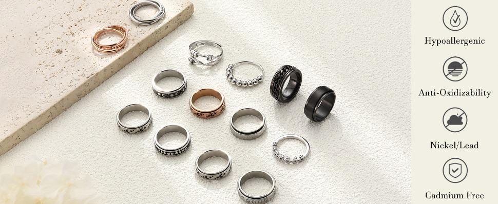 FUNRUN Stainless Steel Fidget Anxiety Ring for Women Men Fidget Spinner Rings Moon Star Celtic Stress Relieving Spinning Ring Wedding Band Rings Set,4-6Pcs