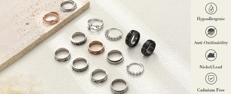 FUNRUN Stainless Steel Fidget Anxiety Ring for Women Men Fidget Spinner Rings Moon Star Celtic Stress Relieving Spinning Ring Wedding Band Rings Set,4-6Pcs