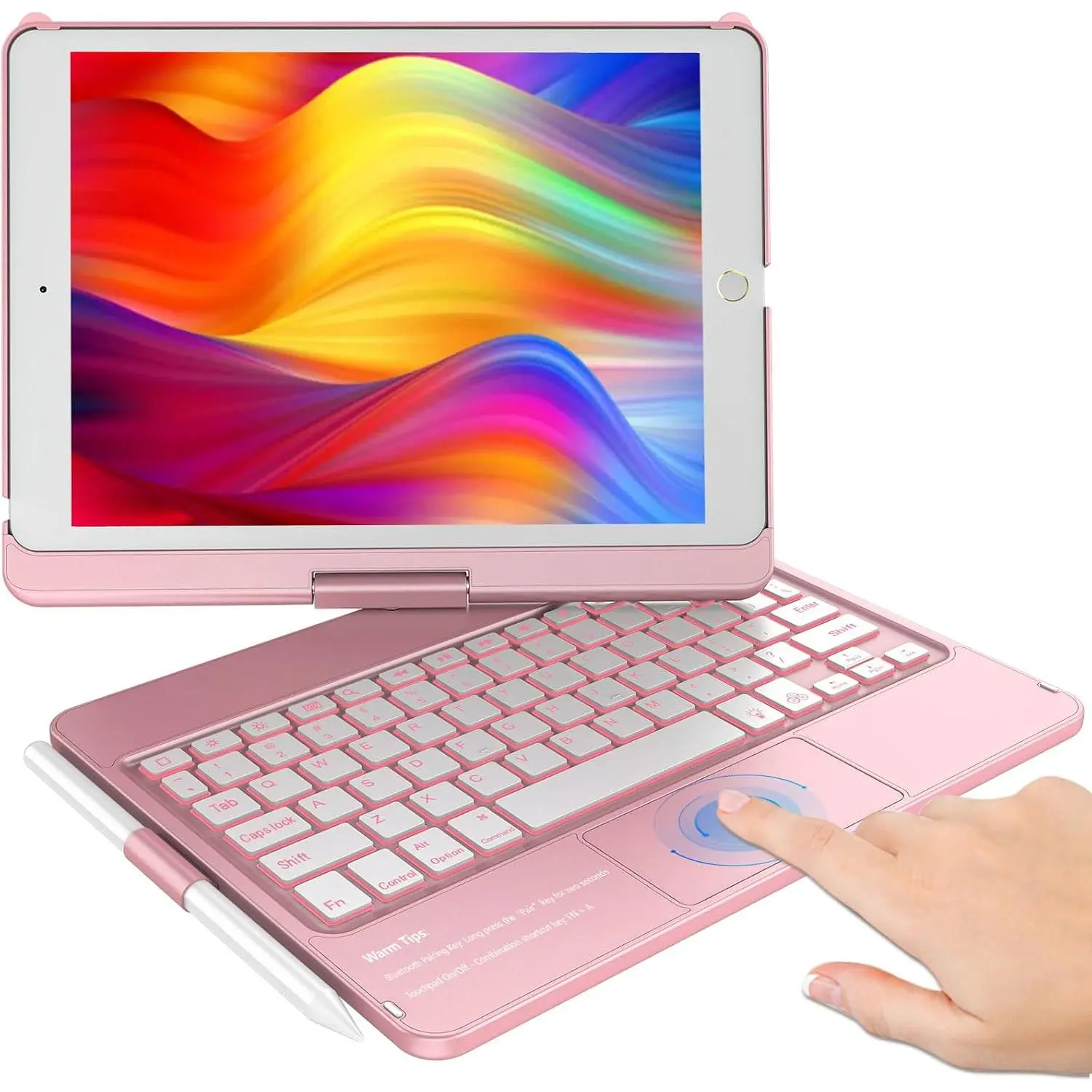 Touchpad Keyboard Case for iPad 9th/8th/7th Gen, Rose  | Backlit Trackpad Keyboard, 360° Rotatable Case for iPad 10.2 inch, with Pencil Holder