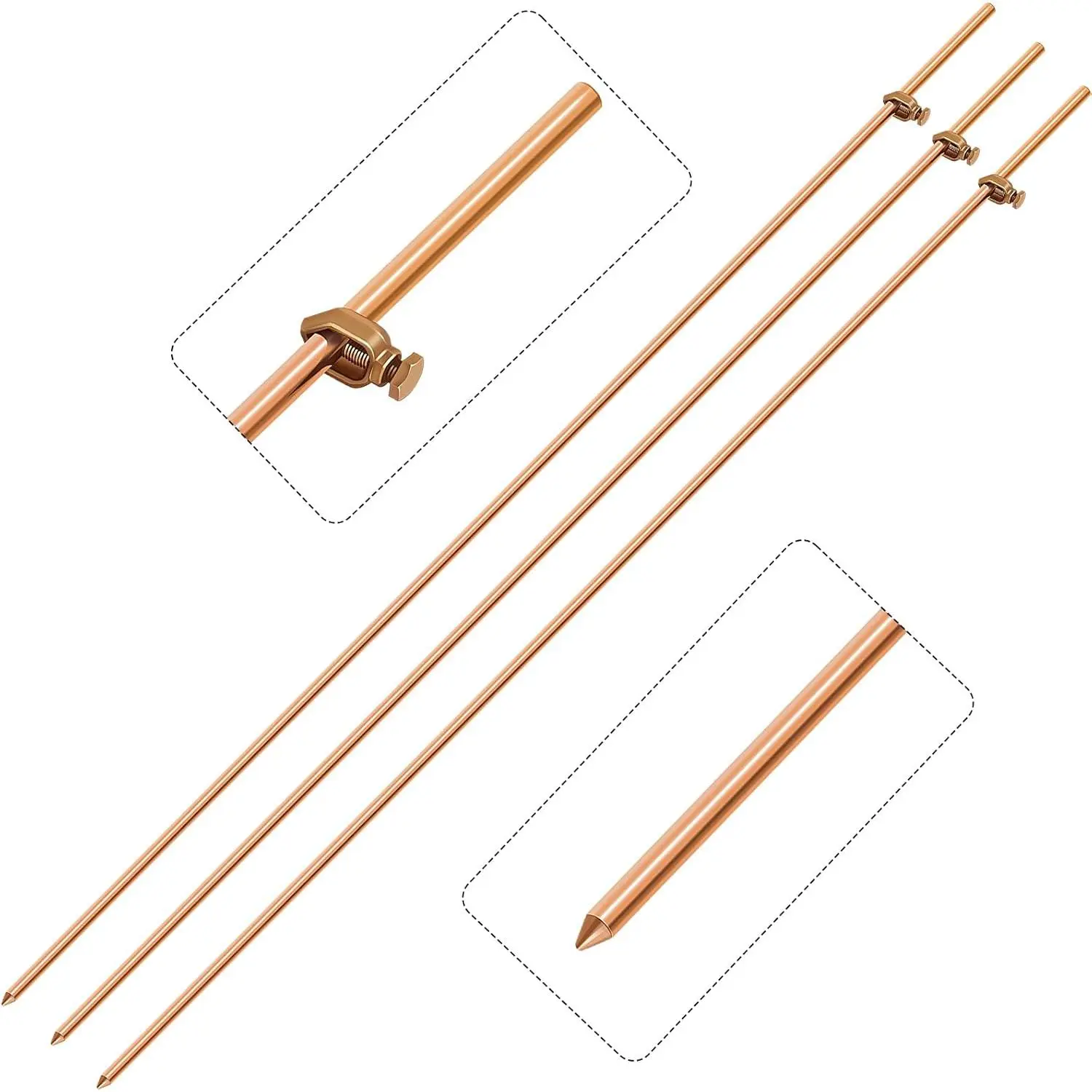 3 Pcs 4 ft Grounding Rod with Clamp, Electrical Copper Ground Rod for Electric Fences Satellite Dishes Generator Grounding Earthing