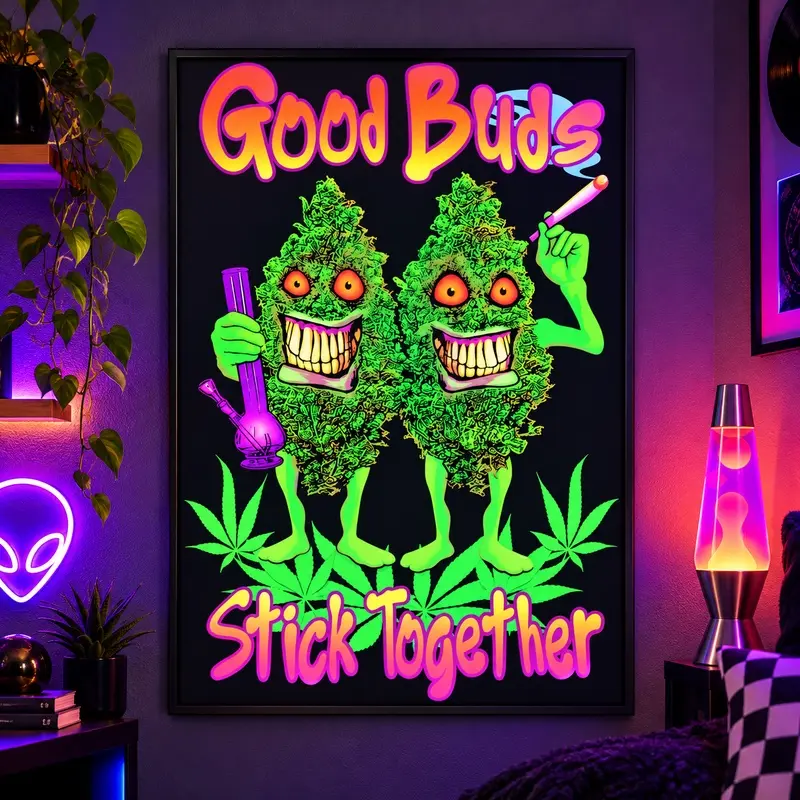 Good Buds Stick Together Quote Poster, Funky Retro Wall Art, Vintage Blacklight Style Artwork, Canvas Decor for Bathroom, Dorm & Apartment, Colorful Aesthetic Room Print, Gift for Retro Art Lovers