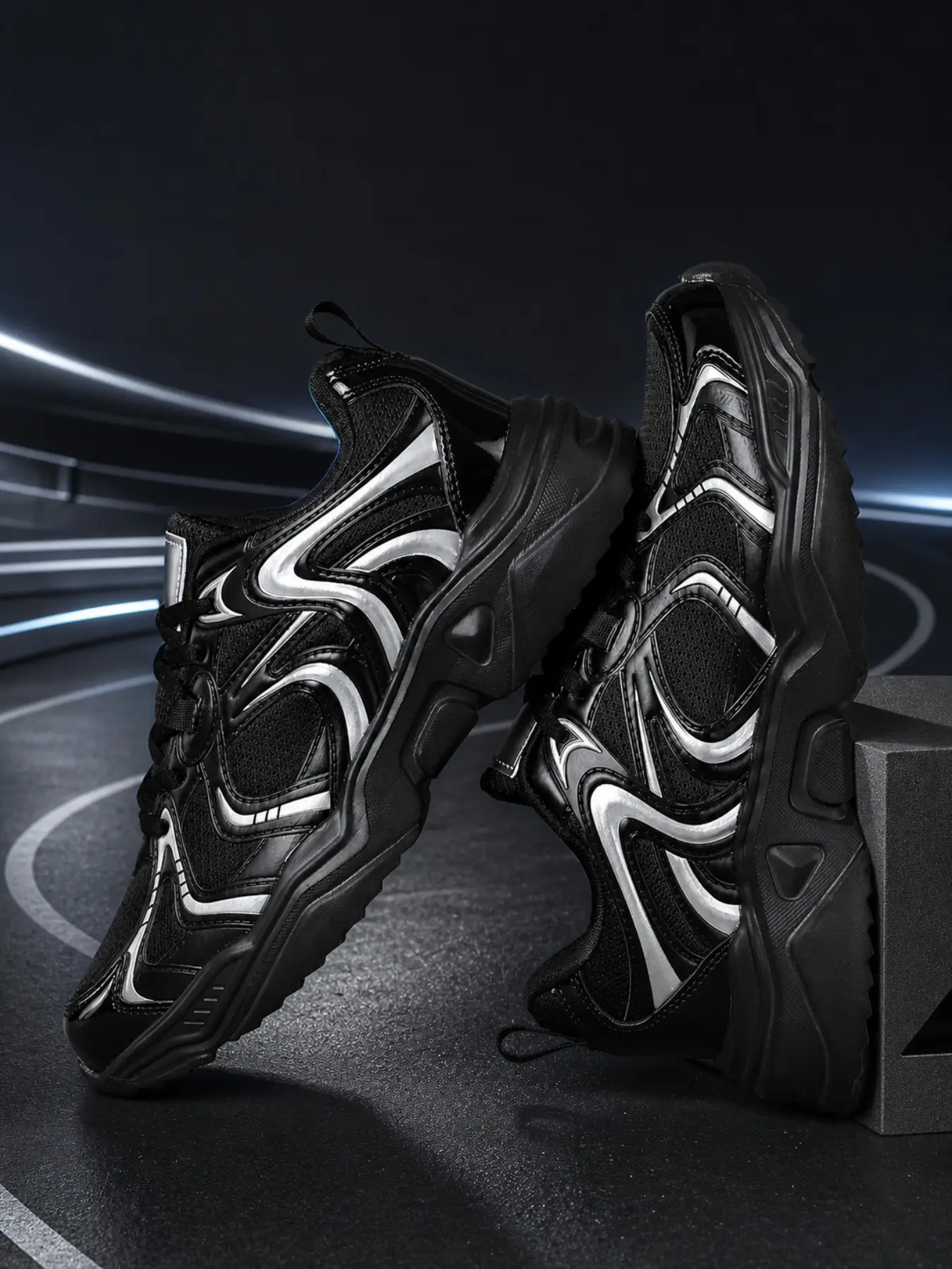 Silver Streamlined Mech Dad Shoes, Breathable Mesh, Silver Color 3D Lines, Multi-Layer Cushioned Sole, Anti-Slip, Unisex, Casual Sport Shoes