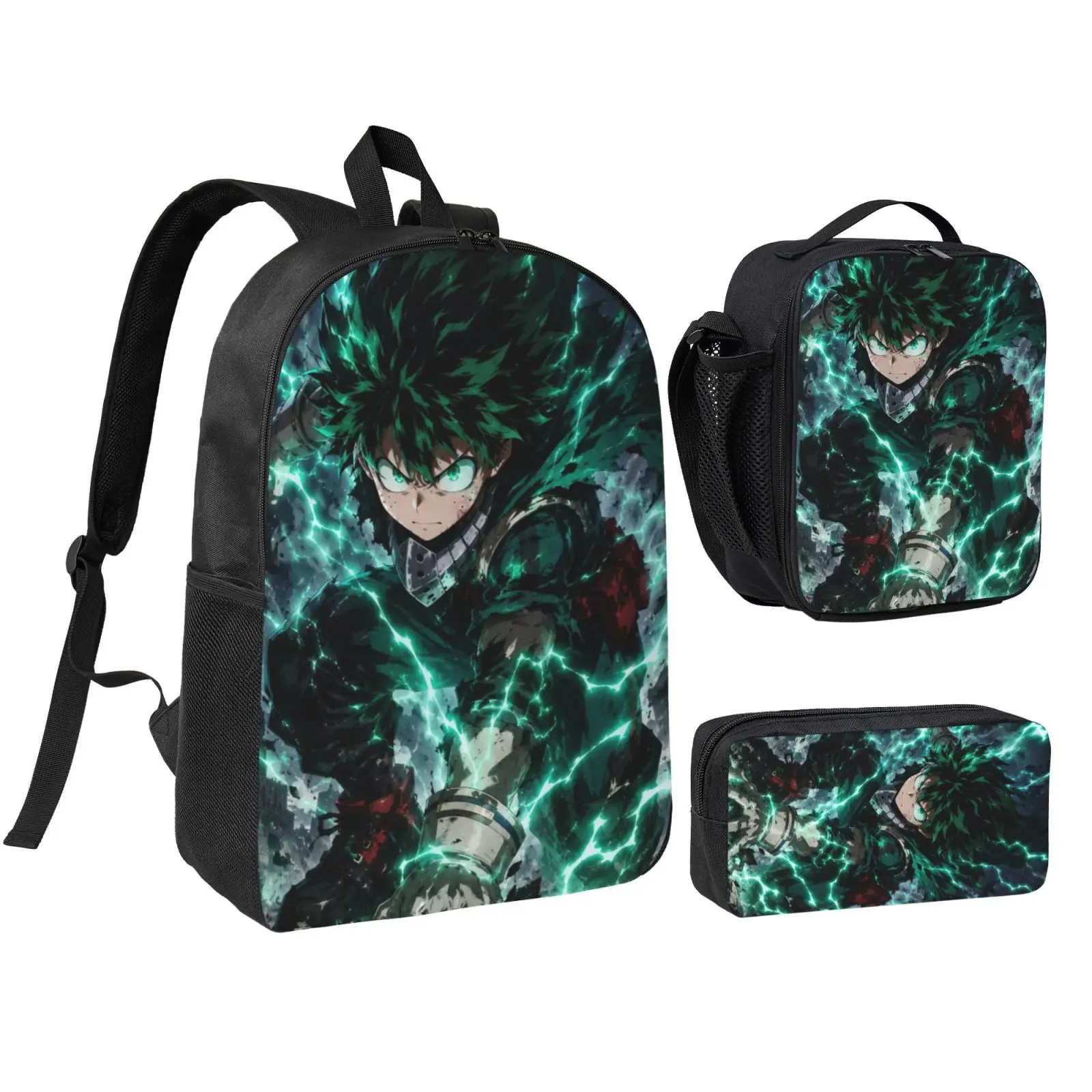 Anime My Hero Academia1 3Pcs School Backpack Set for Teen Boys Girls, Adjustable Shoulder Straps Lightweight Bookbag with Insulated Lunch Bag & Pencil Case, School bag, Travel Office Daily Bag