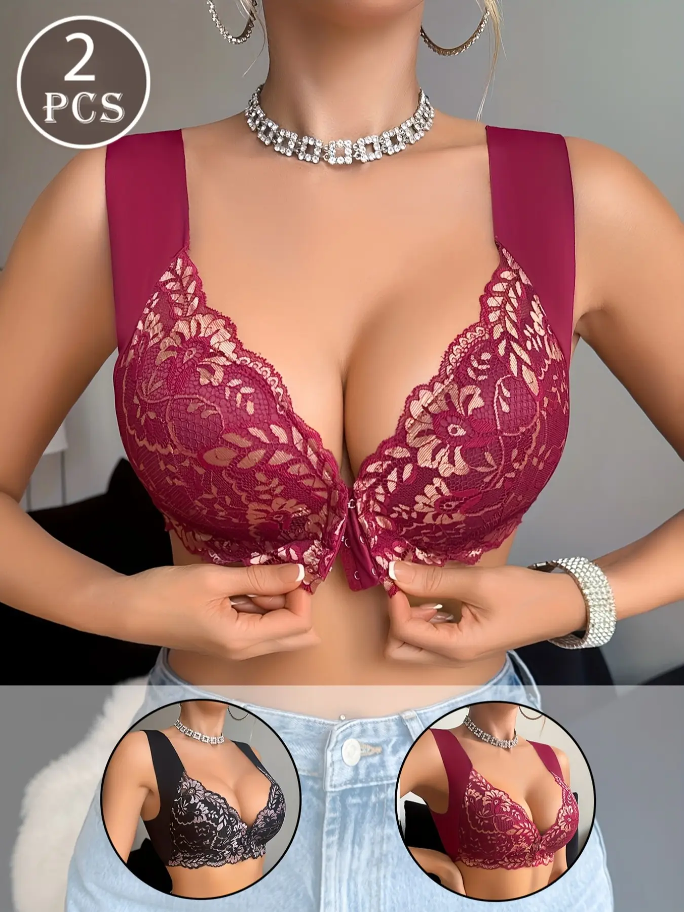 Women's No Underwire Front Closure Bra Set, Wide Shoulder Straps Lace Lingerie, Comfortable Everyday Wear, Pack of 2