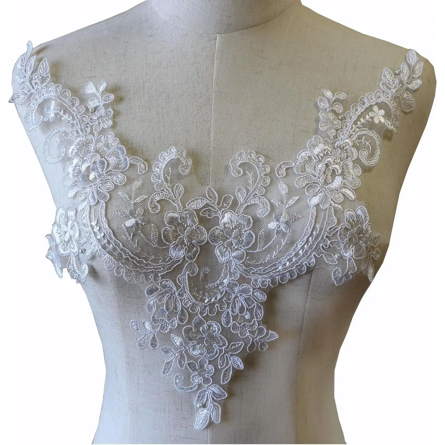 Bodice Appliques V- Lace Applique Embroidery Corded Trims Patch for Bridal Dresses Costumes