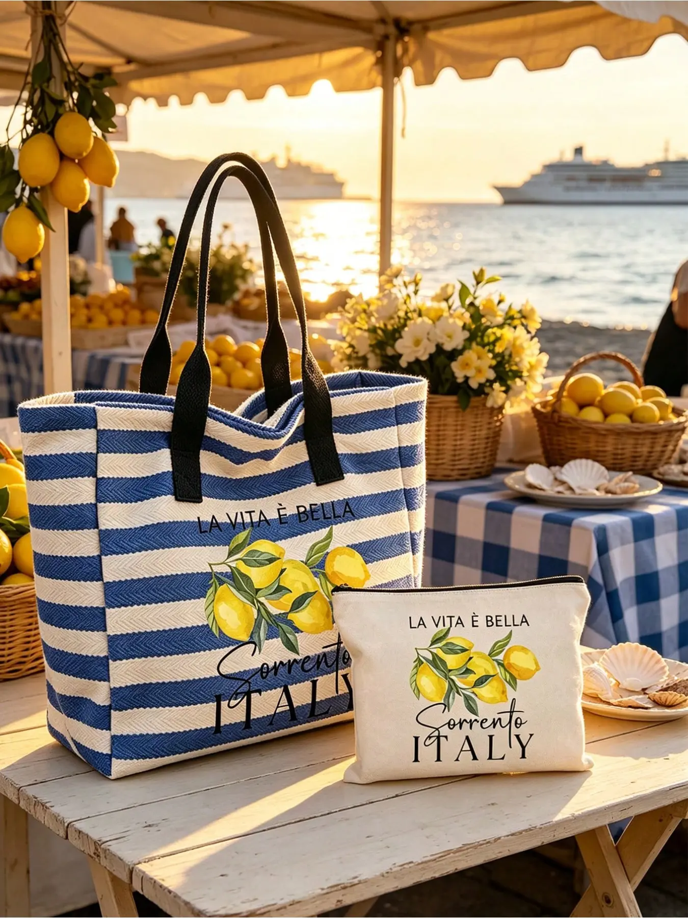 Blue Striped Tote Bag Set with "Lemon Sorrento Italy" Print, Large Foldable Canvas Shoulder Beach Bag, Sandproof Water Resistant Travel Handbag for Women, Ideal Beach Vacation Shopping Bag, Great Spring Break Easter & Back to School Gift