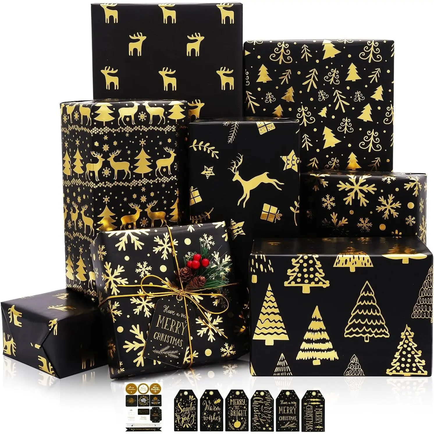 Christmas Wrapping Paper Sheets, Navy Blue and Green   Xmas Wrapping Paper for Women Men,  Wrap Set with Stickers and Tags for Christmas  Year Winter Holiday, 20×28inch