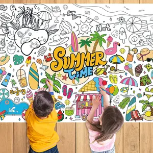 43.3x31.5 Summer Coloring Poster with Picture, Giant Cute Painting Poster, Large Coloring Tablecloth for Classroom Home Birthday Party Supplies Favor