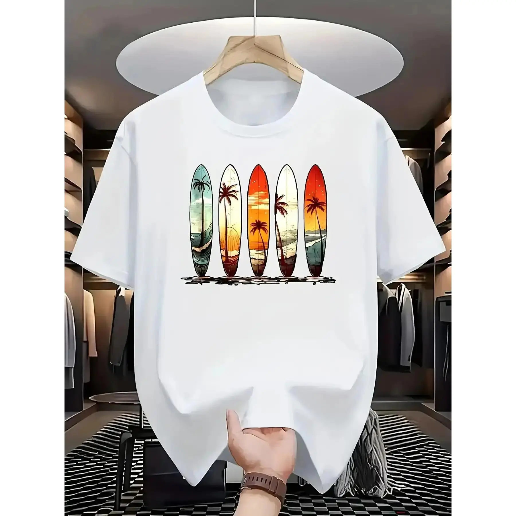 Men's 100% Cotton Retro Surf T-Shirt - 5-Panel Vertical Surfboard, Tropical Beach, Hawaiian Palm Tree Sunset Prints, Classic Basic Breathable Shortsleeve Tops, Casual Summer Beachwear for Surfing, Vacation (Machine Washable)