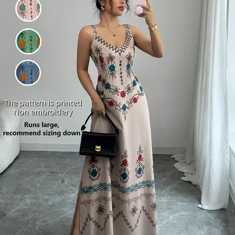 Women's Fashion Casual Boho Style Clothes Soft Ethnic Style V Neck Sleeveless Long Dress, Loose-Fit Thin Woven Fabric, Perfect for All Seasons