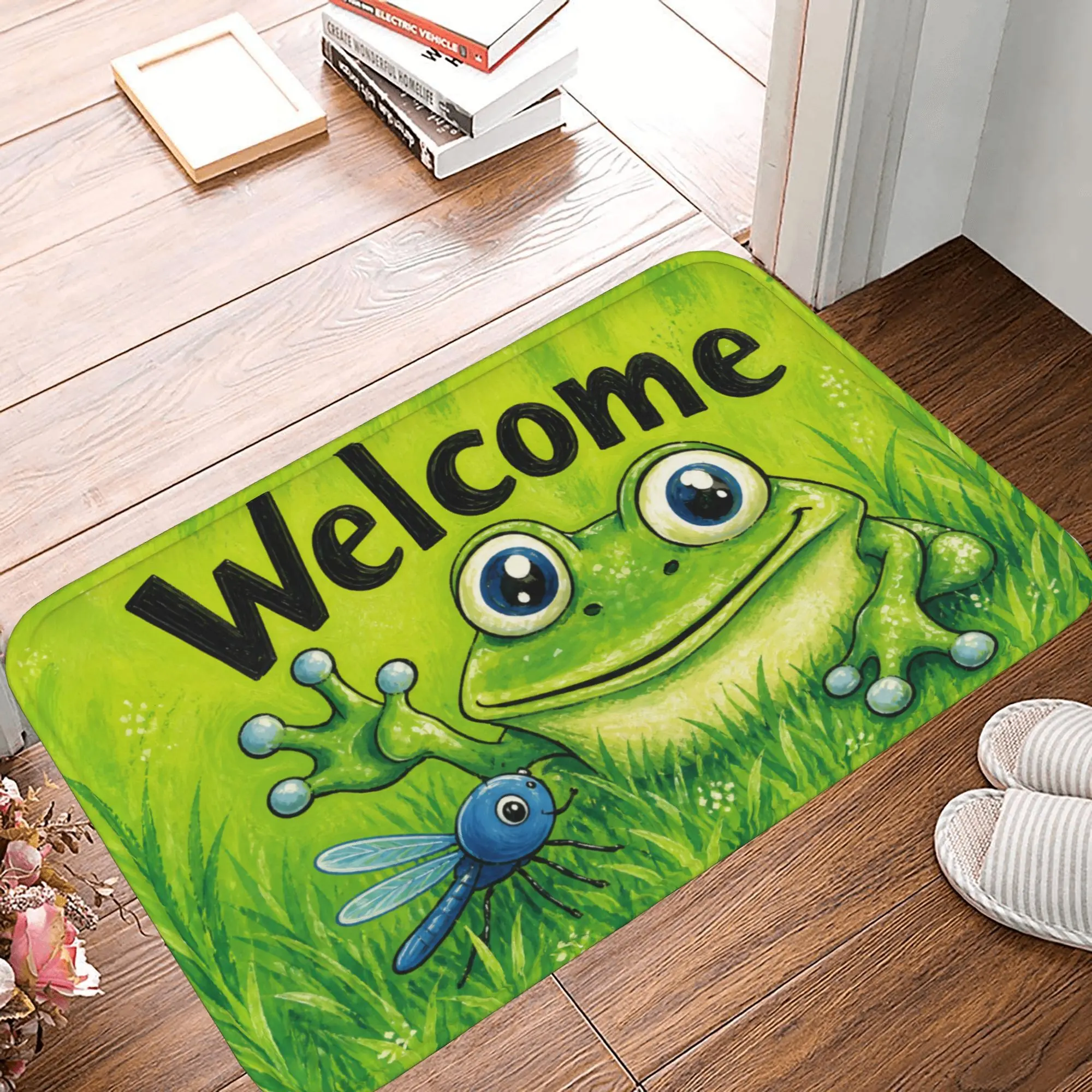 Cute Frog Welcome Door Mat, Non-Slip Flannel Indoor Entrance Rug with Dragonfly Design, Low-Profile Washable Floor Mat for Home Entryway,Christmas,Santa