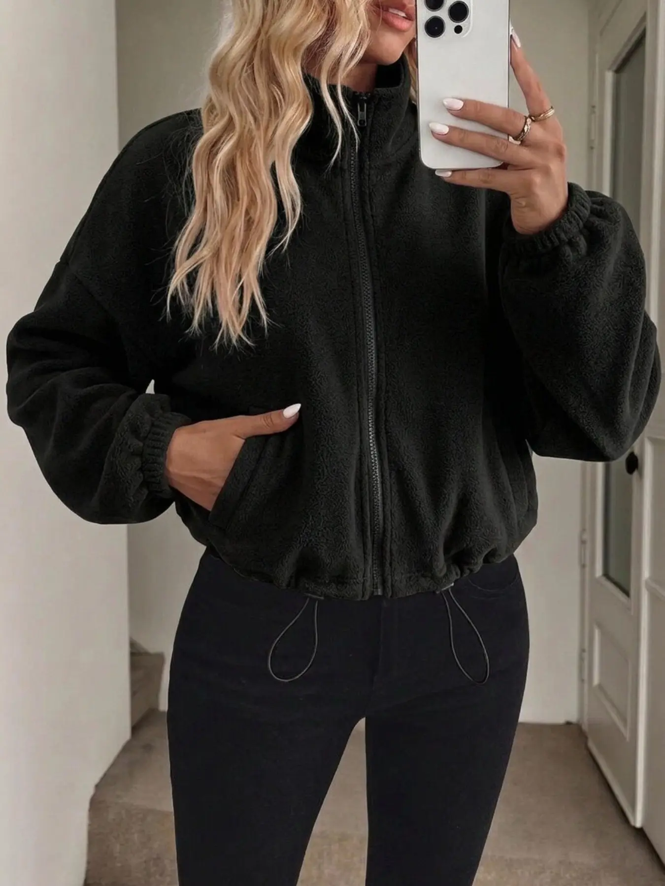 Women Beige Polar Fleece Full Zip Stand Collar Jacket Long Sleeve Drop Shoulder Drawstring Hem Cropped Loose Fit Soft Plush Fabric Athleisure Minimalist Streetwear Casual Daily Loungewear Outerwear Fall Winter Ladies Fashion Apparel