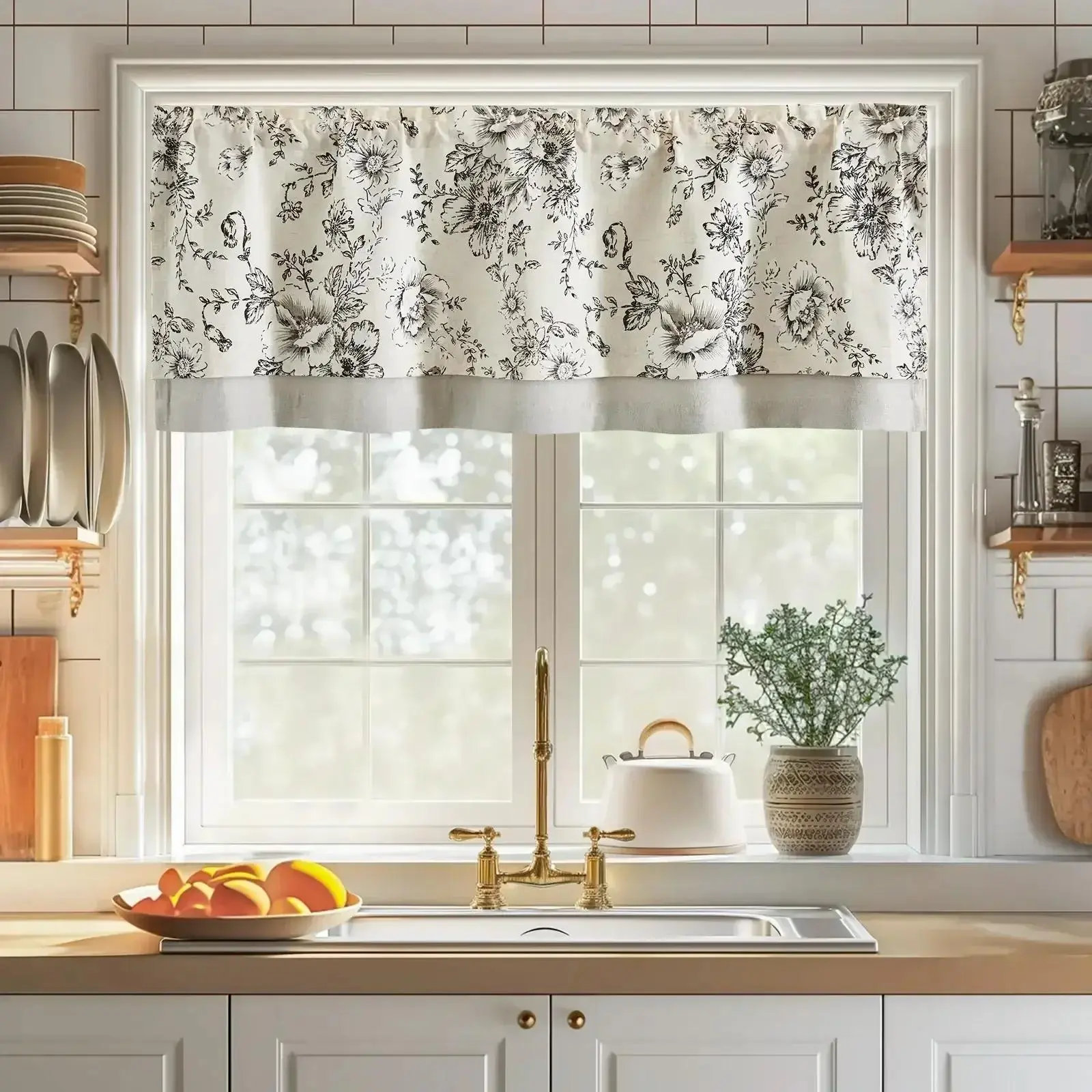Vintage Peony Floral Linen Window Valance