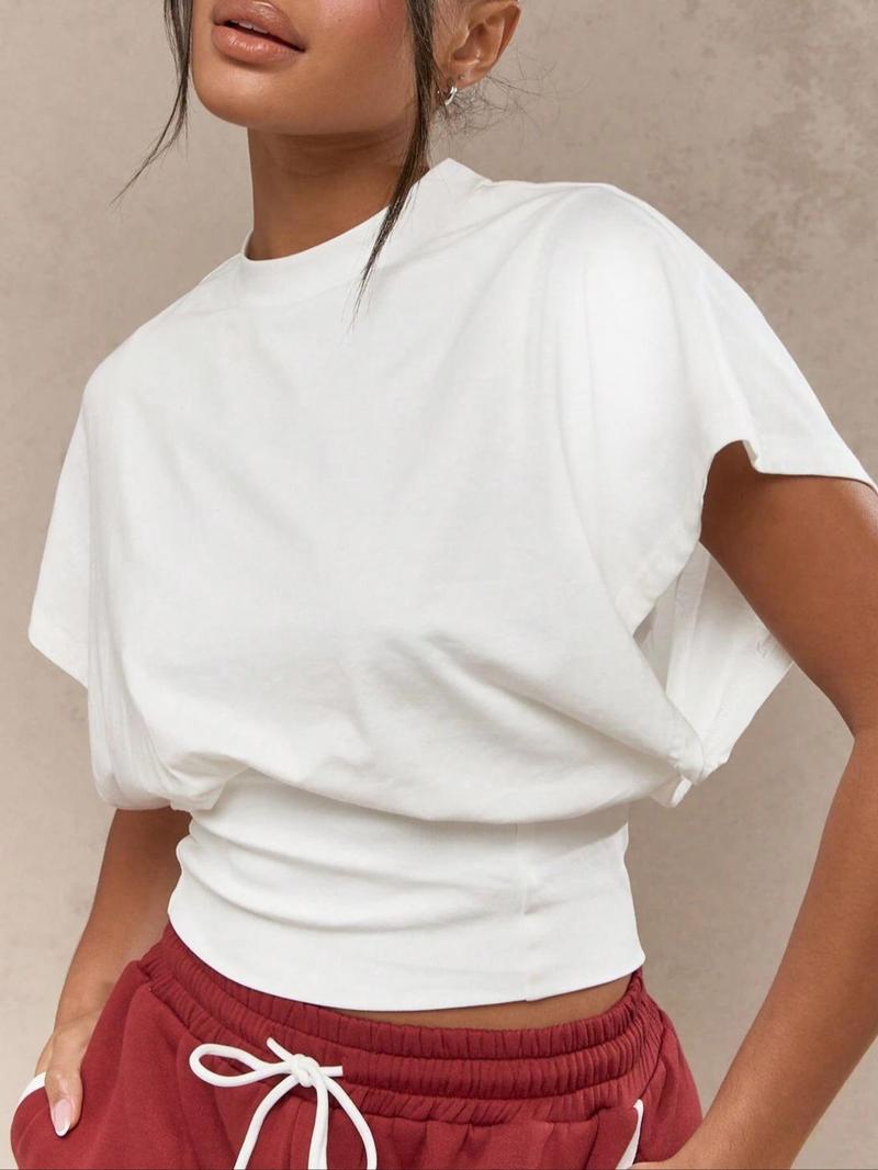 Women's Plain Batwing Sleeve Tee, Casual Fashion Minimalist  Short Sleeve T-shirt for Daily Wear, Ladies Clothes for All Seasons, Top