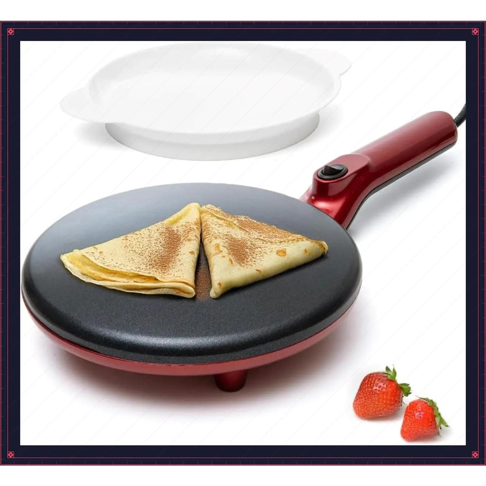 Red Electric Crepe Maker, 8 Inch Portable Nonstick Crepe Pan with Dipping Plate, Auto Shut-Off, On/Off Switch, Even Heating, Dual Temperature Control, Compact DesignGift