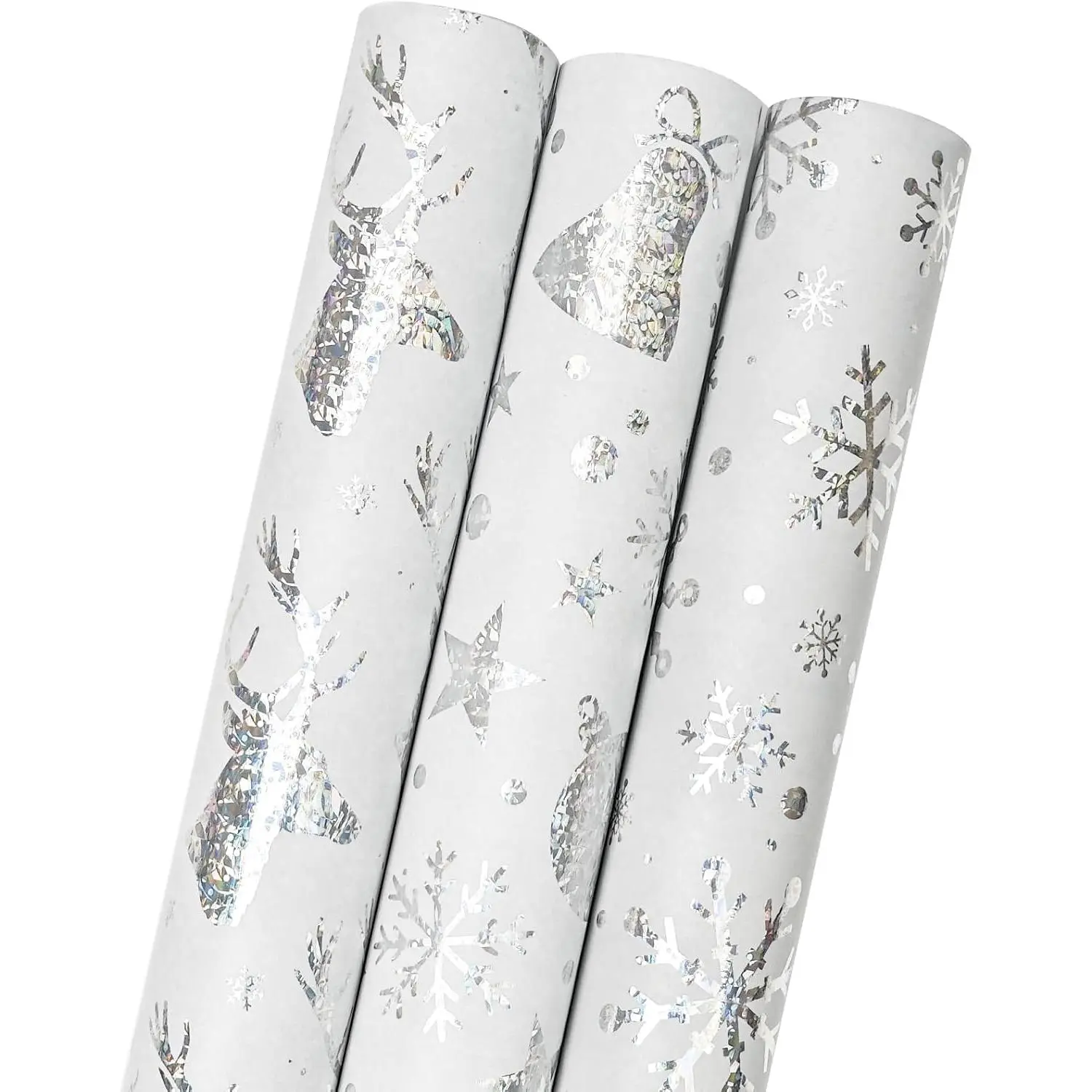 Mini Short Christmas Wrapping Paper Roll with Cut Lines  Reverse (17" X 120" Per Roll) - Metallic  foil for Holiday, Birthday
