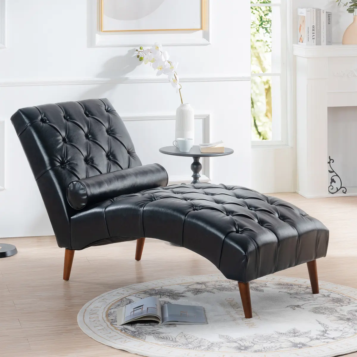 [Fahuac] PU Upholstered Chaise Lounge with Solid Wood + Plywood Frame, Birch Leg Chair for Home Office or Lounge.