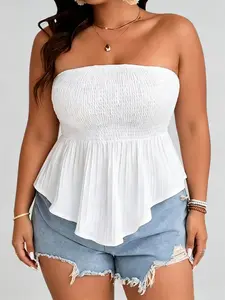 Plus Size Solid Color Strapless Top, Ruffled Hem, Waist Cinch, Summer Outerwear, Busty Style, Sexy Look, No Shoulder Straps