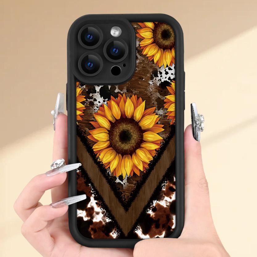 Creative - Western Leopard Print And Sunflower - for Iphone 16/15/14/13/12/11 XS XR X Plus Pro Max - Black TPU Soft Case, Provides Shockproof Protection, It Is a Good Gift for You to Give As a Gift/For Your Boyfriend Or Girlfriend/Christmas/Winter.