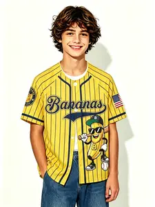 Savannah Banana Team Navy Vertical Stripes Cartoon Banana Mascot Baseball Cardigan, Youth Unisex Quick-Dry Short Sleeve Fan Top