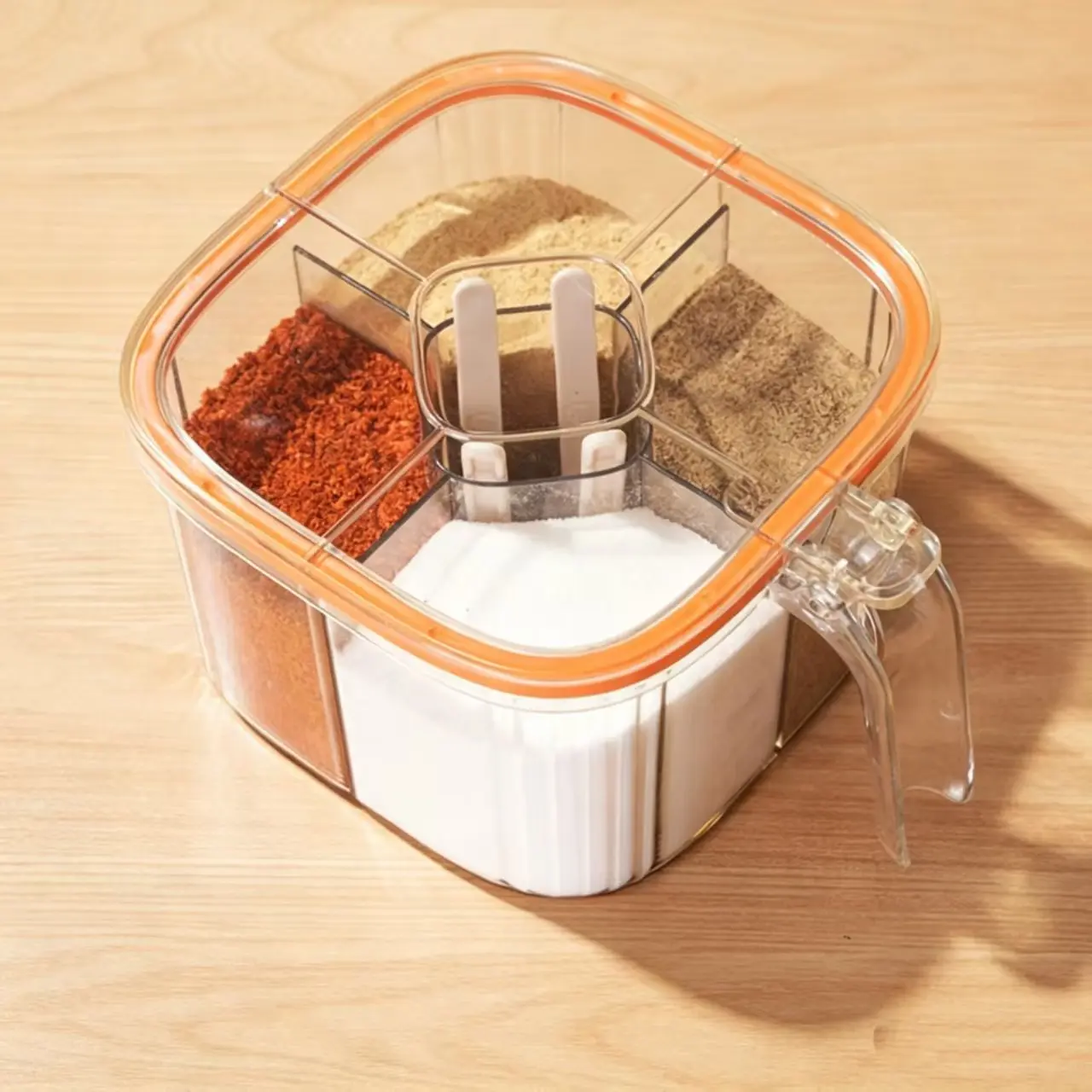 1 one-piece condiment storage box with lid | Clear plastic kitchen storage box for storing salt, pepper, sugar and vanilla - Compact countertop or dining table Seasoning Containers, modern design, durable kitchen supplies