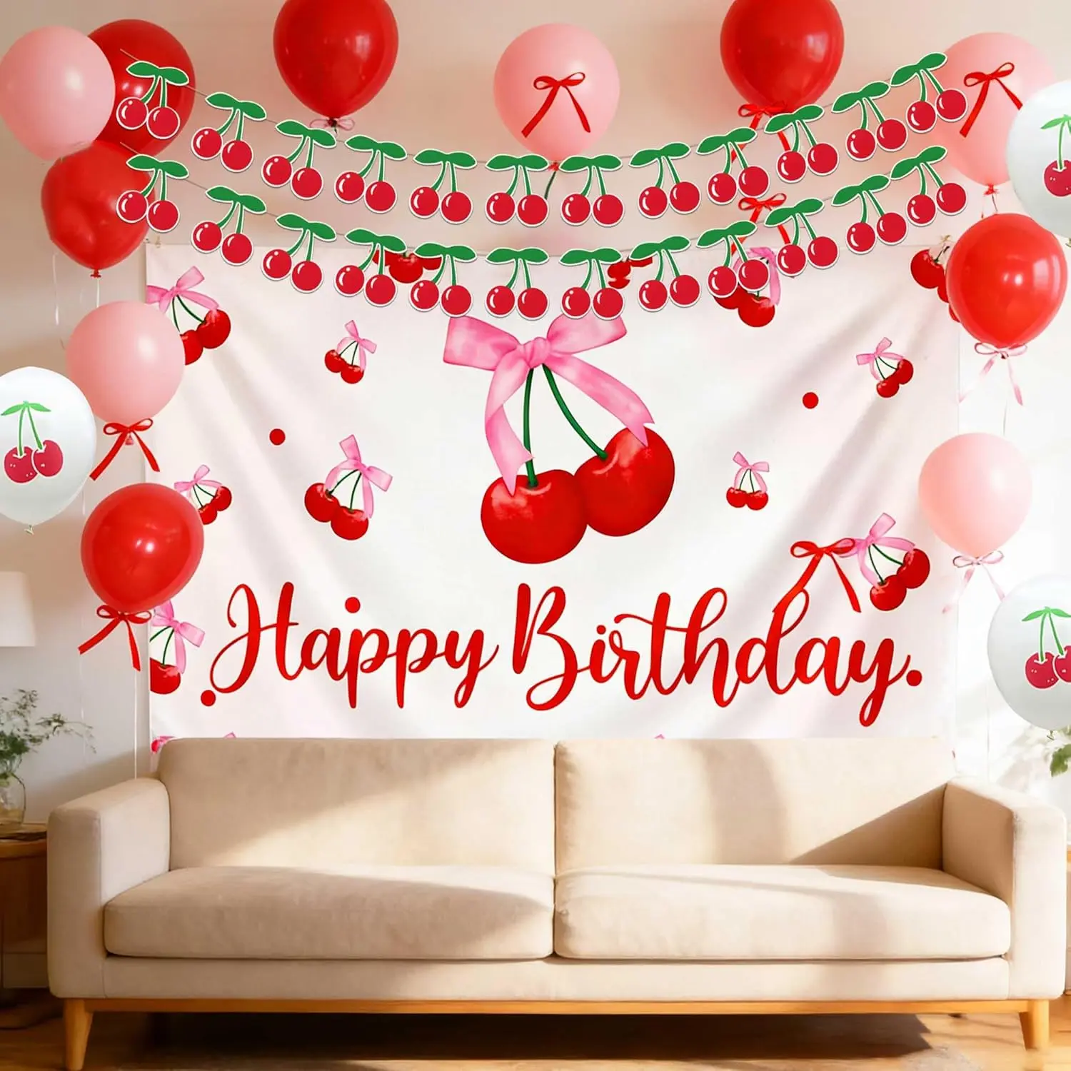 Feminine Fruit Cherry Party Decor Set - 59.05x47.24 In Hangable Cherry Bow Backdrop Banner, Coquette Balloons, "She's The Top" Sign for Girl Sweet Summer Celebrations