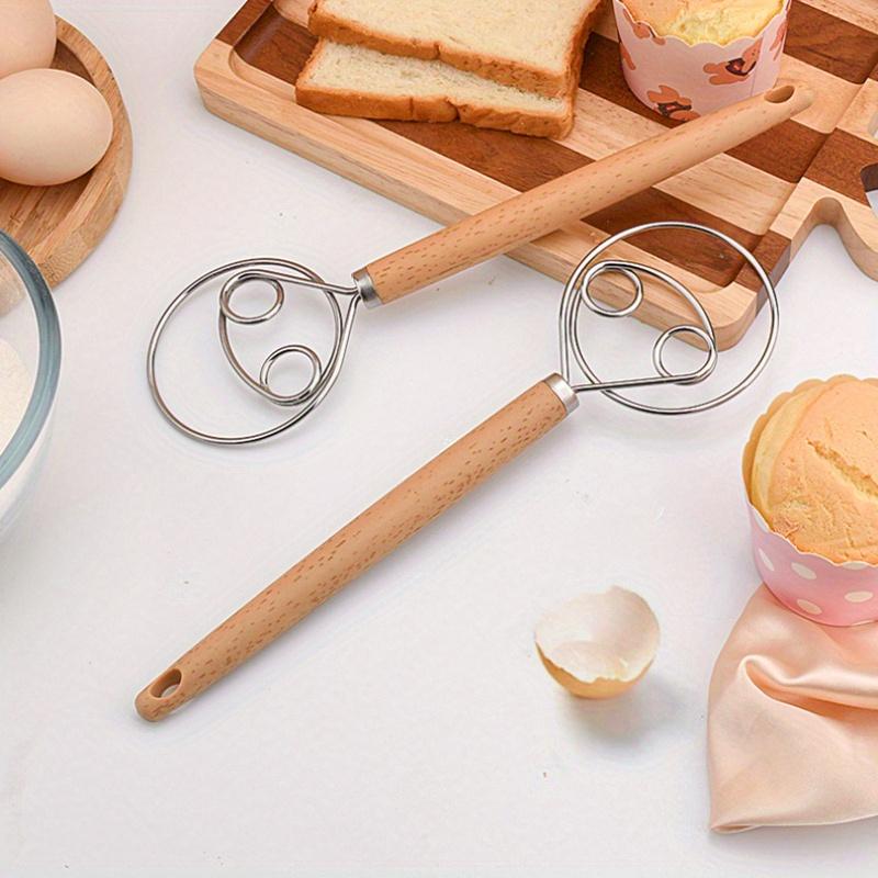 Stainless Steel Danish Dough Whisk - Hand Mixer and Dough Blender for Bread, Pastry, and Pizza Dough - Manual Kitchen Baking Tool with Wooden Handle - Food Contact Safe