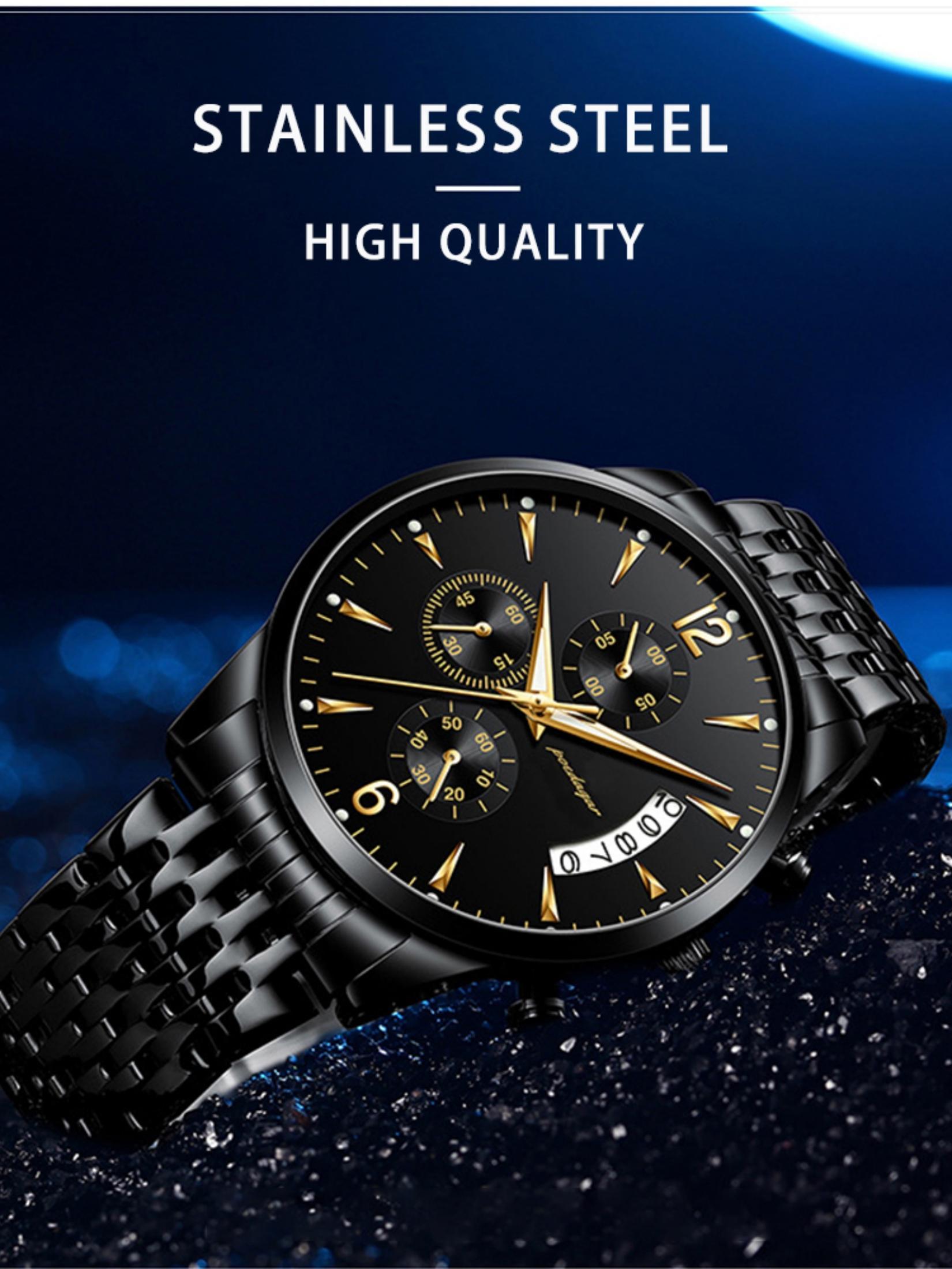 Men's Watch 30m Waterproof Business Fashion Gold Stainless Steel Strap Calendar Quartz Wristwatch Movement Luminous Fashionable Dial Gift for Father's Day Valentine's Day Water Resistant Watch