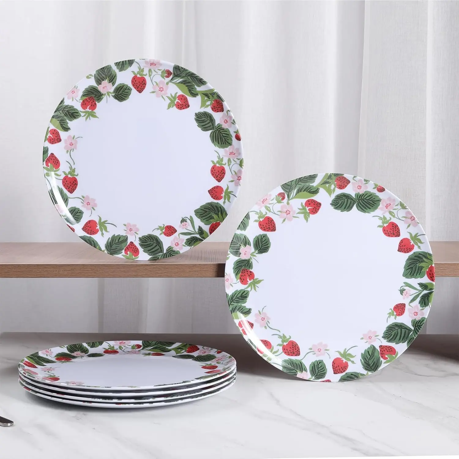 6-Pack Melamine Dinner Plates - 10 Inch Lightweight, Durable & Unbreakable Round Plates for Indoor/Outdoor Use - Strawberry