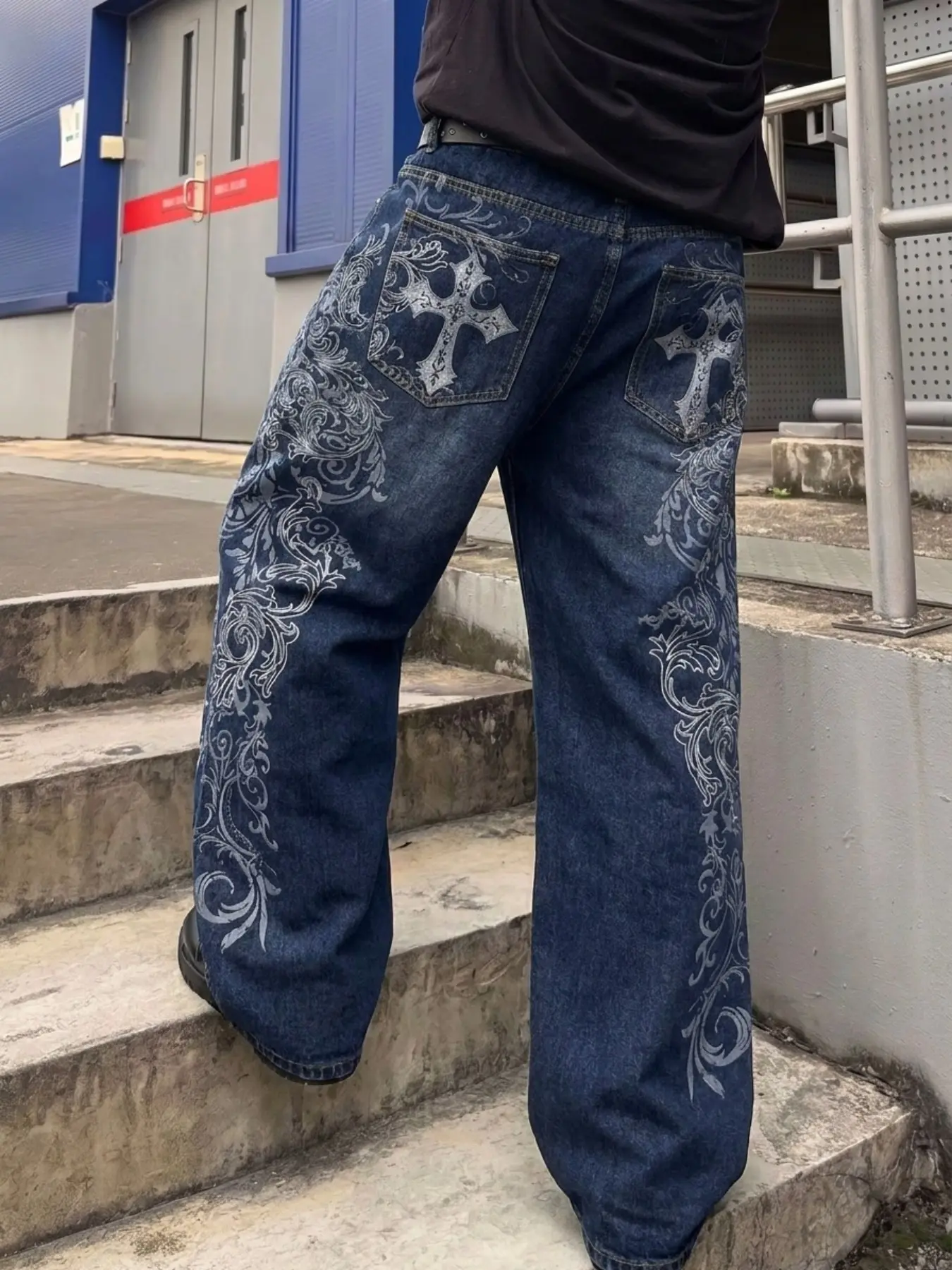 Trendy Cross Pattern Jeans, American High Street Baroque Wide Leg Pants, Unisex Slimming Conceal Fat Versatile Pants, All Seasons Street Style