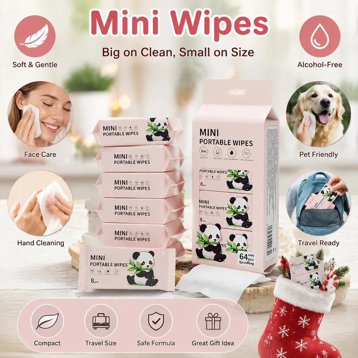 64 Pcs Mini Portable Wet Wipes, Unscented Wipes, Alcohol-Free Disposable Face Cloths, Unisex Travel Essentials, Ideal for Pets & Christmas Socks