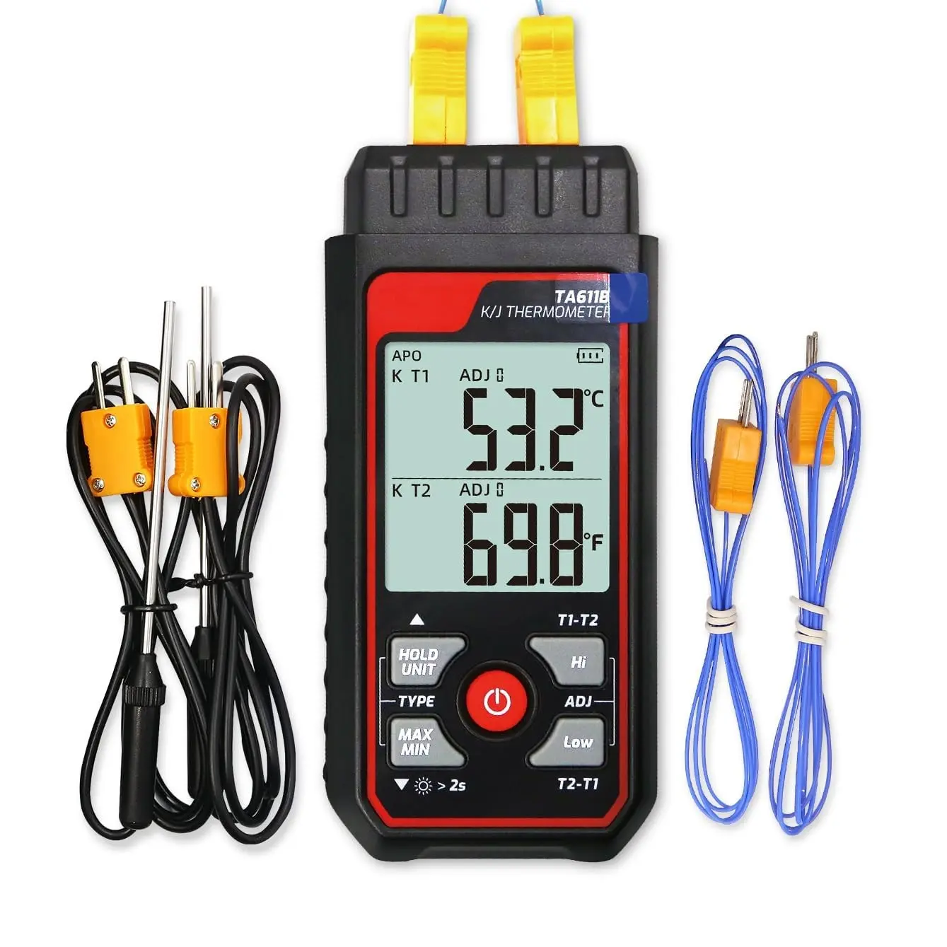 Digital Thermocouple Thermometer Dual-Channel K/J Type -328~2501℉ Wide Range Industrial HVAC Temperature Meter with 4PCS K-Type Thermocouple Probes, Alarm, Temp Conpensation