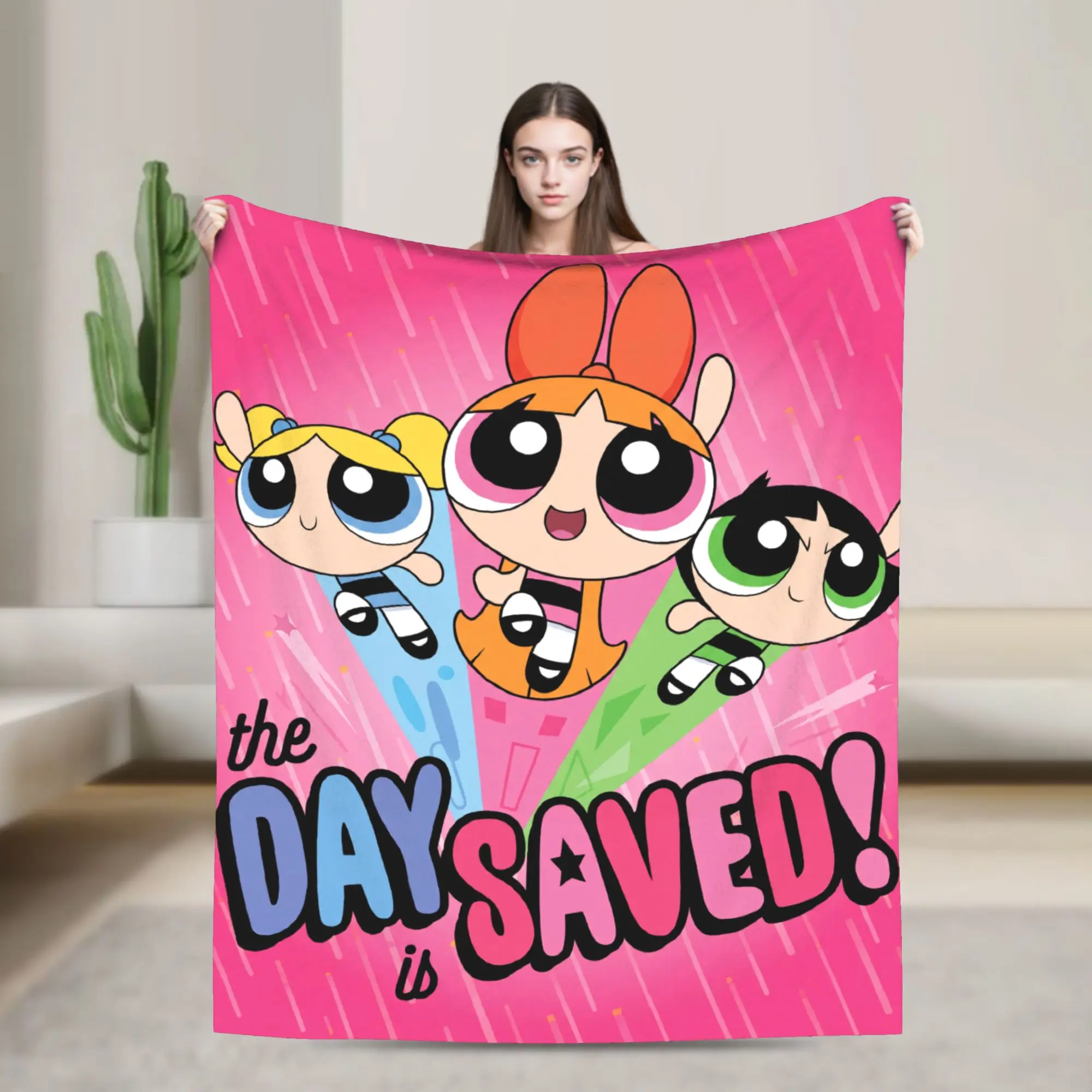 WB Powerpuff Girls Pink Background Flannel Throw Blanket, The Day Is Saved Cartoon Blanket, Classic Animated Series Fan Couch Bed Decor, Birthday Holiday Gift for Cartoon Lovers