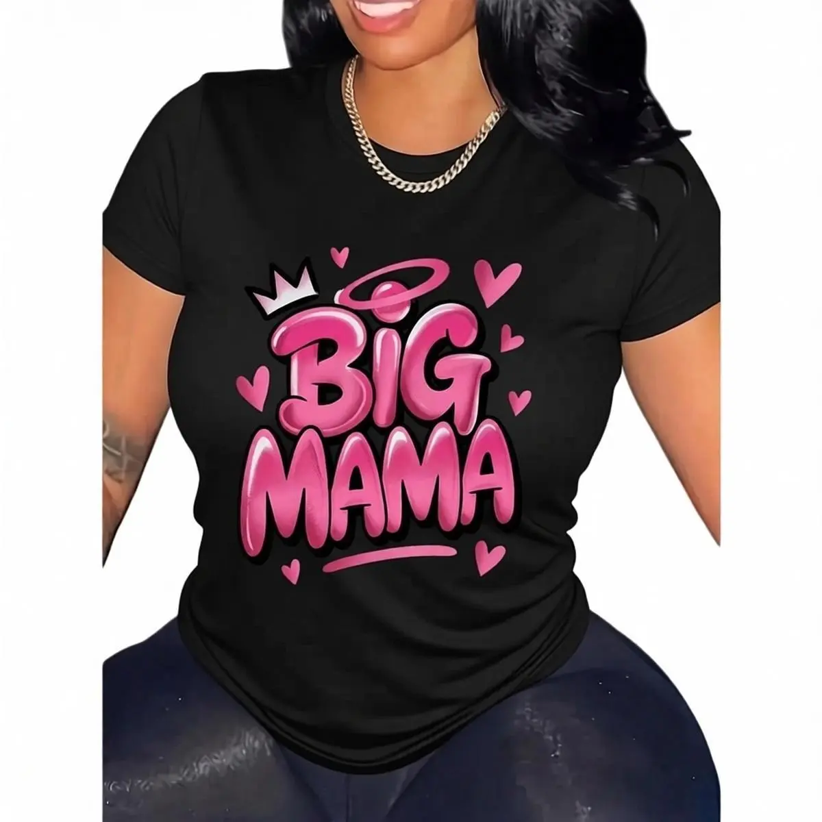 Women's Plus Size "Big Mama" Graphic T-Shirt - 100% Cotton Streetwear Top, Comfy Short-Sleeve Crewneck Fashion Fit Basic Tee with Soft Fabric, Crew Neck, Graphic Print, Chic, Cute, Party, Sweet, Shortsleeve, Casual, Round Neck, Relaxed Fit, Clean Cut, Dou