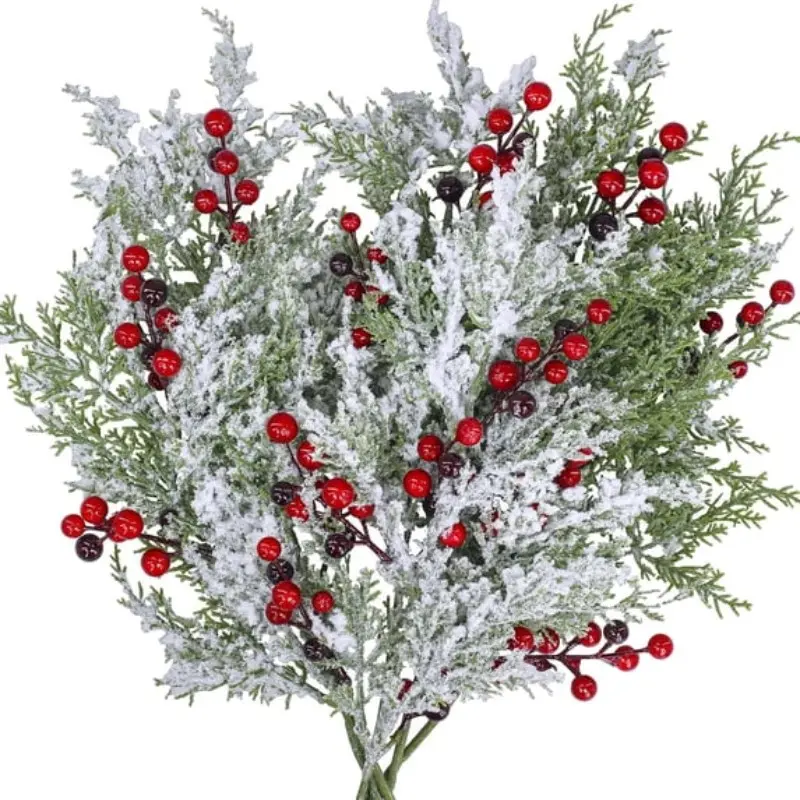 6-Pack Christmas Cedar Branches with Berries, Artificial Frosted Pine Boughs, Holiday Decor for Christmas Trees and Winter Festivities