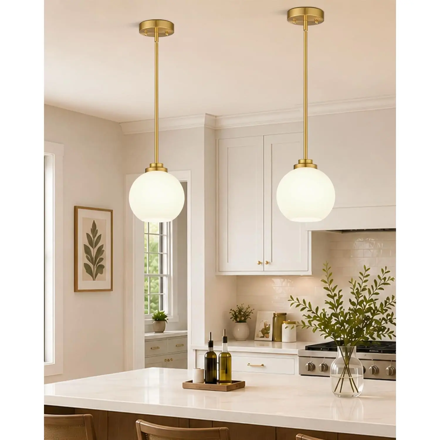 2 Pack Gold Globe Pendant Lights, Mid Century Gold Pendant Light Fixtures, Globe Pendant Lights Kitchen Island with Milk Glass Shade Adjustable Hanging Fixture for Dining Room (Bulbs not Included)