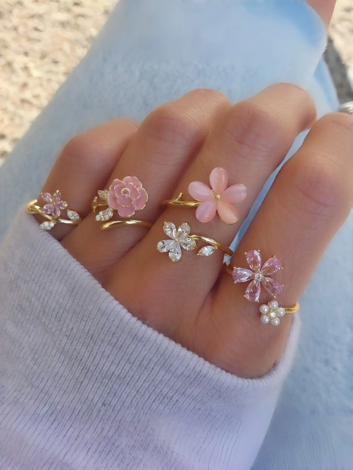 Sweet Girl Flower Four-Piece Ring Set, French Camellia Cherry Blossom Rhinestone Pearl Open Ring, Adjustable Stackable Rings, Floral Design Ring