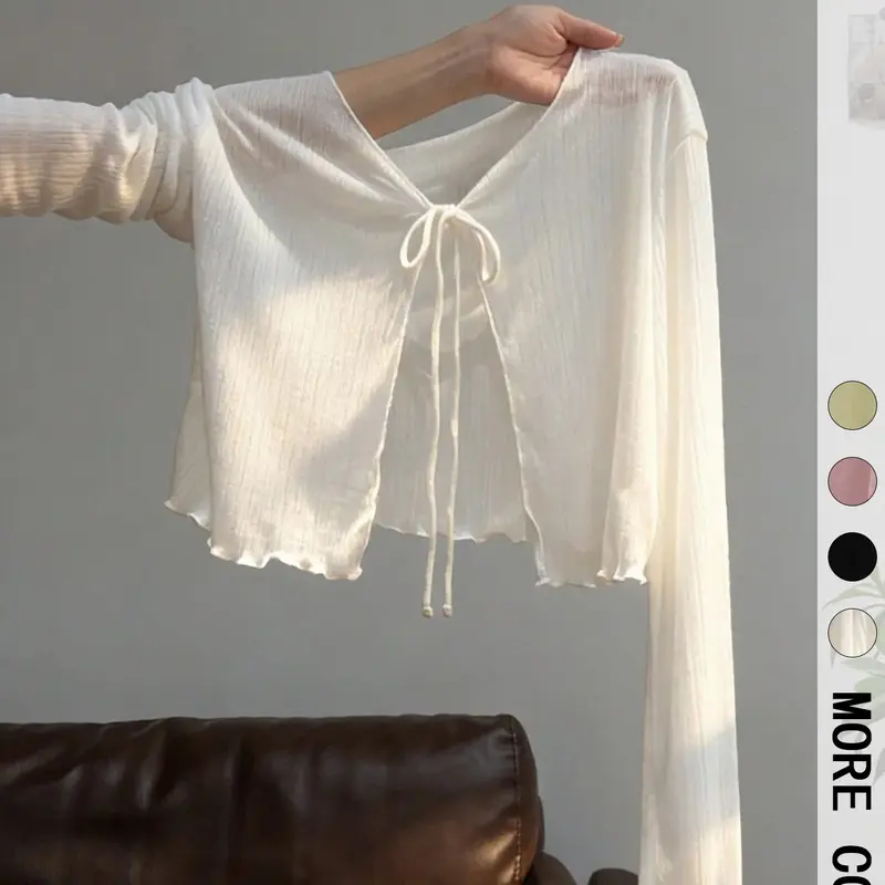 1 Piece Lightweight Sheer Tie-Front Shrug Top Chic Women's Long Sleeve Cropped Sun Protection Cover Up
