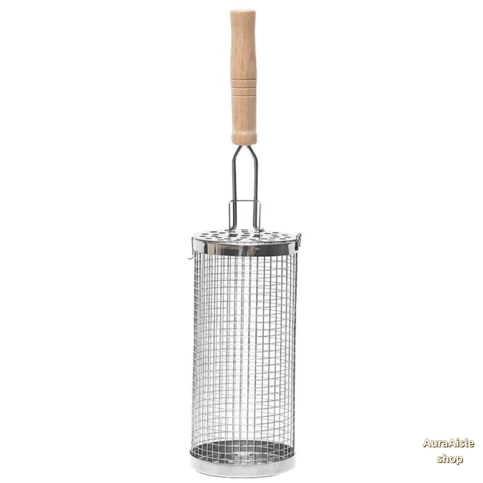 304 Stainless Steel Rolling Cage BBQ Mesh Basket - Heavy Duty, Compact, Removable Wooden Handle, Nesting Structure, Backyard Use, Outdoor Cooking Utensil for Vegetables, Shrimp, Camping, Gifting, Durable, Practical Outdoor Cooking