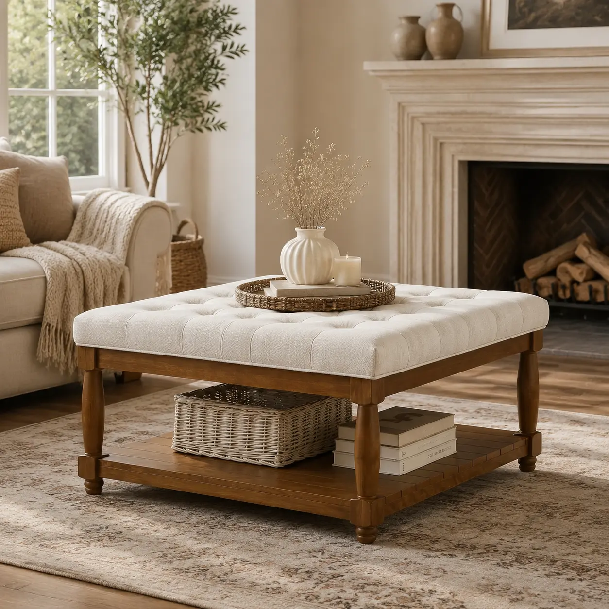 Littleox Large Square Upholstered Tufted Linen Ottoman Coffee Table, Large Footrest Ottoman with Solid Wood Shelf- Ivory