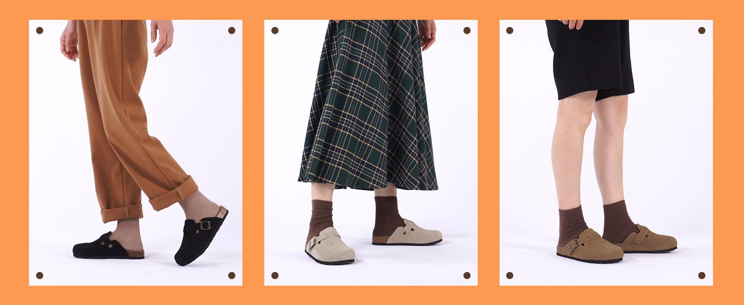 Xiakolaka Women's Suede Clogs Leather Mules Cork Footbed Sandals Potato Shoes with Arch Support Ergonomic Design Eva Sole