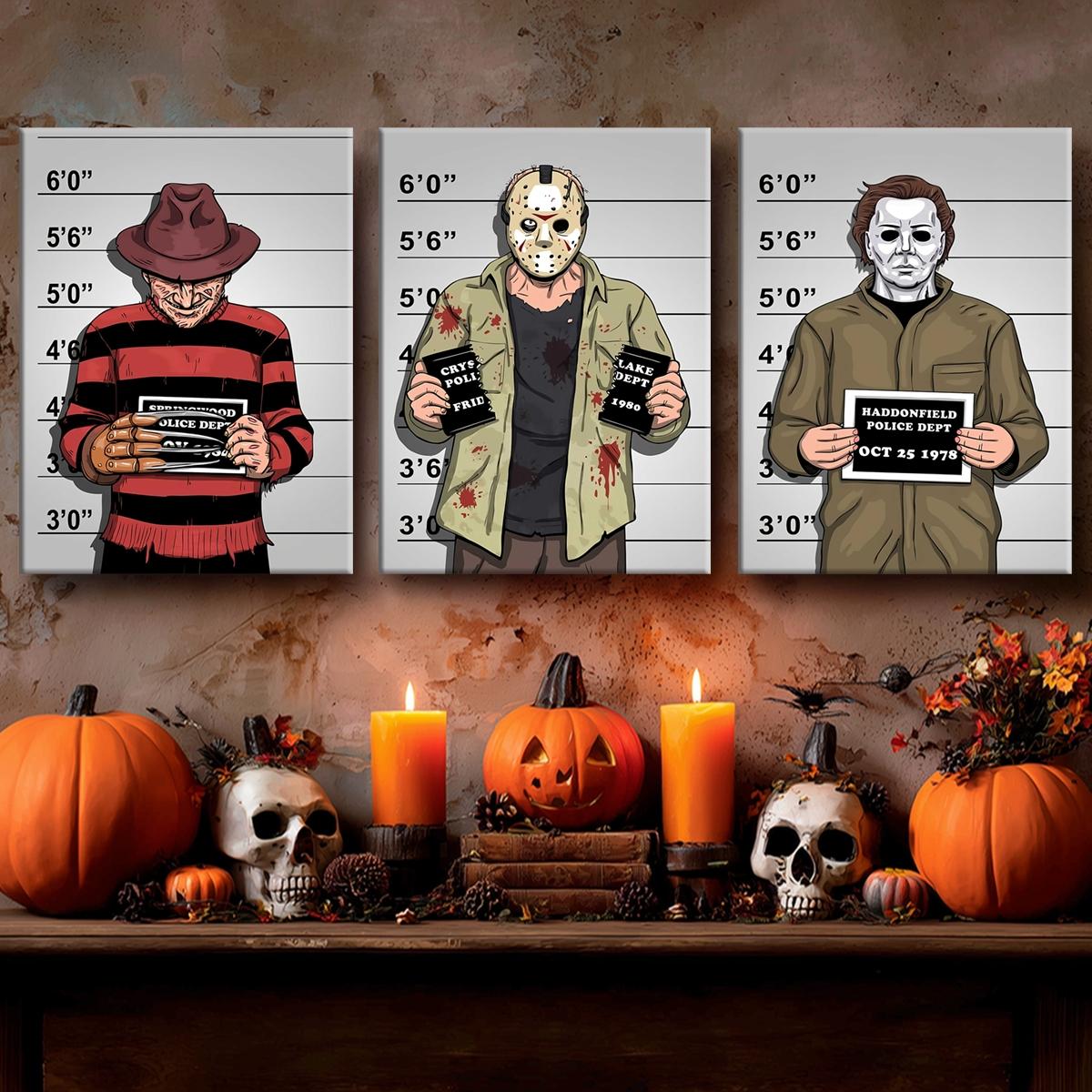 3 Counts Wooden Framed Canvas, Interesting Horror Movie Characters, Halloween Home Poster, Halloween Party Decorations, Living Room And Bedroom Hanging Paintings, Horror Theme, Interesting Posters, Exquisite Gifts, High-Definition Art, Wooden Wall Art