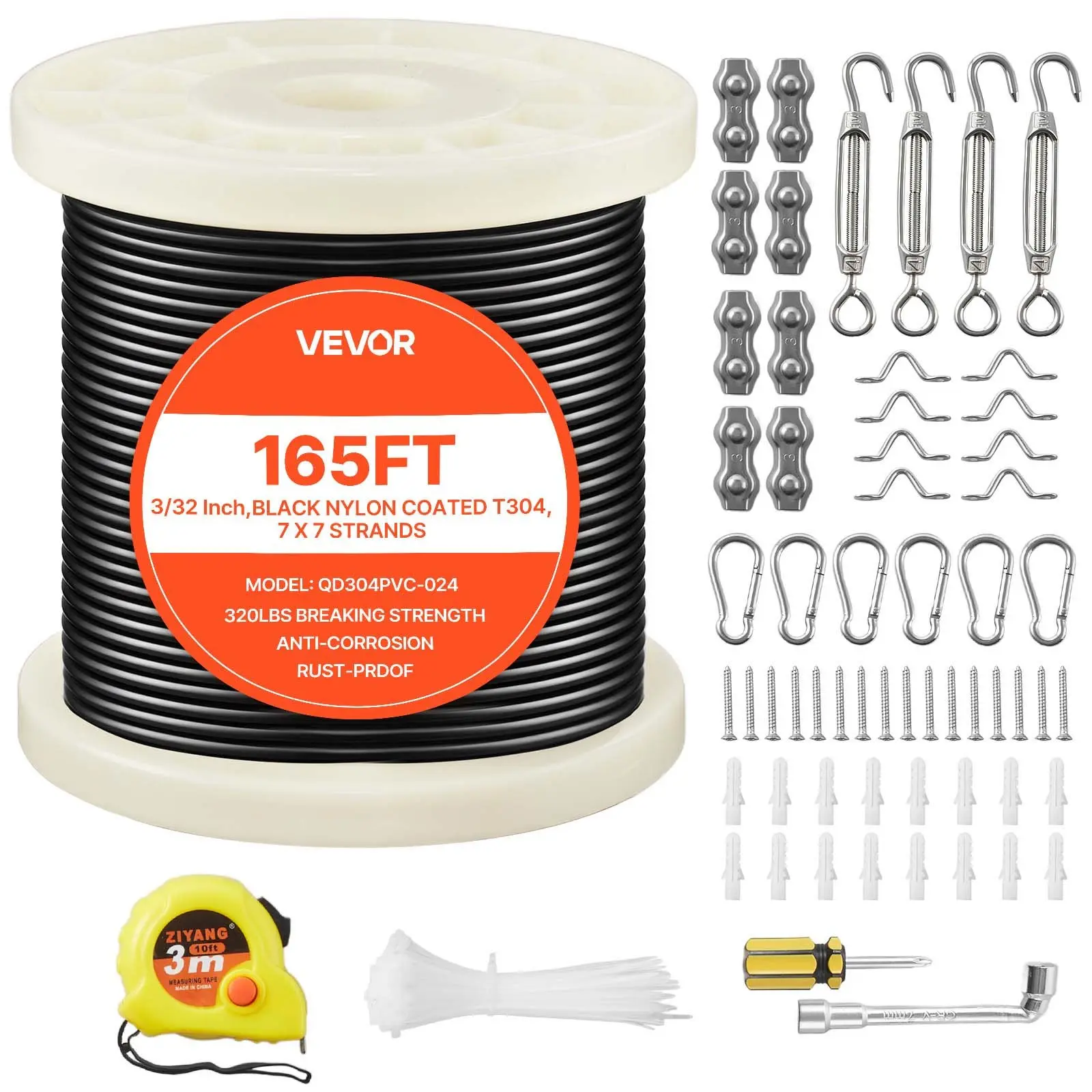 VEVOR 3/32 Inch Wire Rope Kit, 165 ft Length, 304 Stainless Steel Wire Cable, 450 lbs Breaking Strength, 7 x 7 Strands Construction, Steel Cable for Deck Railing System, Garden Trellis, String Lights