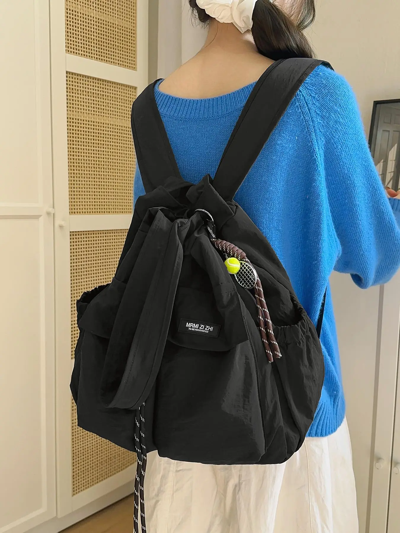 1pc Nylon Drawstring Convertible Backpack, Casual Multi-Way Shoulder Bag, Dual Front Flap Pockets, Side Elastic Pouches & Round Charm, Ideal for Women Daily Commute & Weekend Outings, Backpacks Women