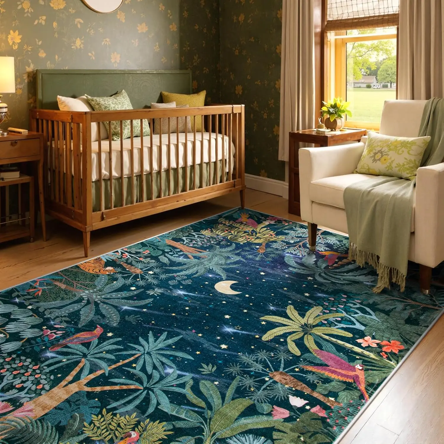 Jovence Midnight Jungle Green Rug, Washable Rugs 5x7 for Bedroom Aesthetic, Soft  Print Office Area Rug Botanical Stain Resistant Non Slip Dining Room Carpet for Under Table Living Room