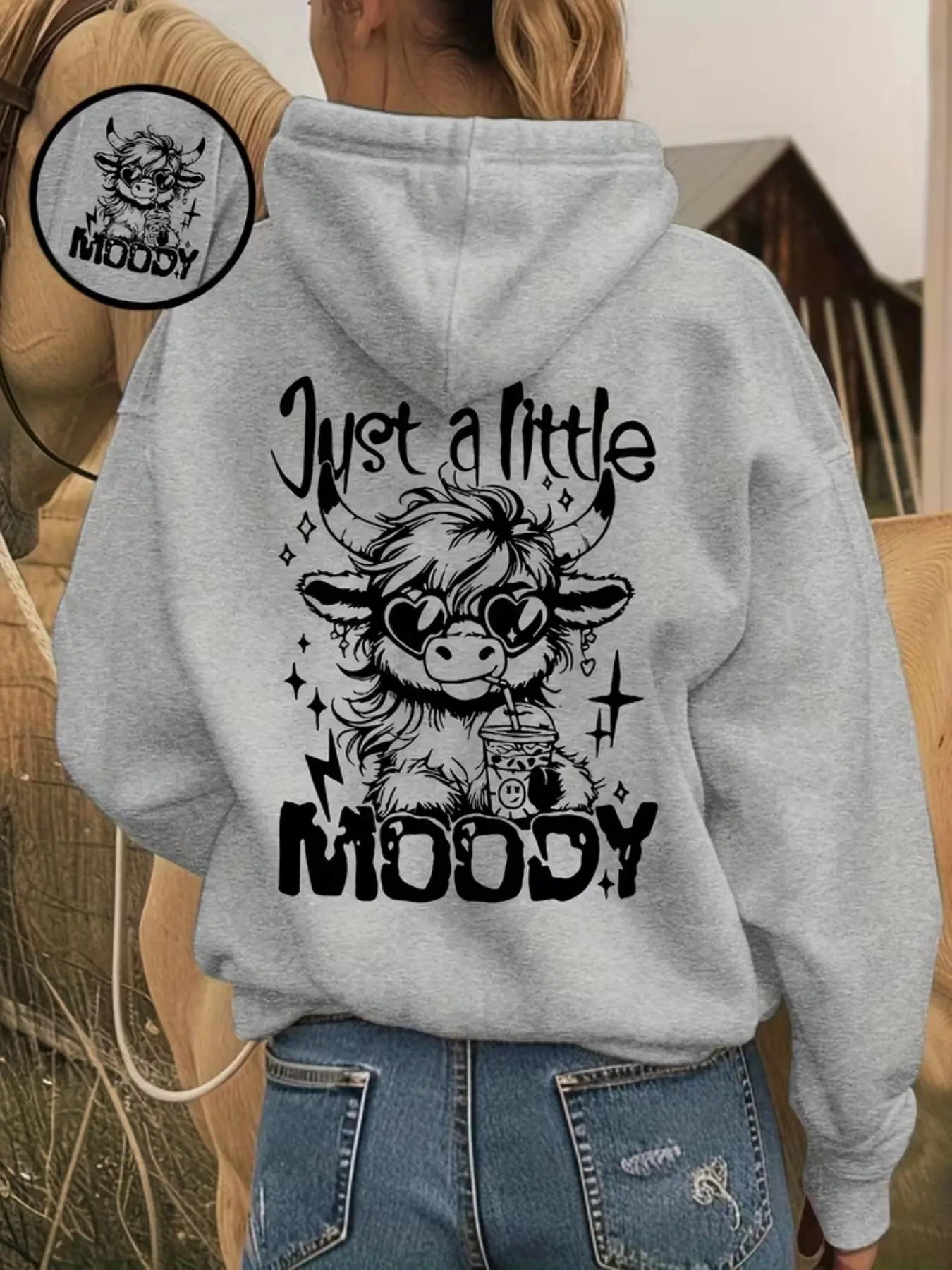 Casual Letter and Cartoon Western Cow Print Hoodie for Women, Drawstring Hooded Sweatshirt with Pockets, Perfect for Winter and Autumn Daily Wear