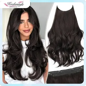 [ kookastyle ] 20inch Invisible Wire Synthetic Hair Extensions 20'’ Long Wavy Layered Synthetic Clip in Hair Extensions with Transparent Wire Adjustable Size 6 Secure Clips Dark Brown Thick Hairpieces for Women 20 Inch